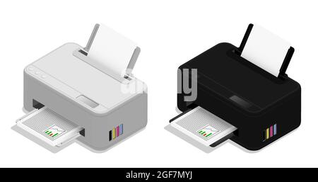 Isometric inkjet printer. Printing documents in office using copiers. Realistic 3D vector isolated on white background Stock Vector