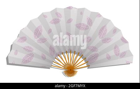 Realistic paper Female folding fan of Japanese geisha with pattern of plant leaves. Vector isolated on white background Stock Vector
