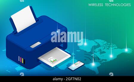 Wireless technology concept. Smartphone sends document to printer for printing using wireless network. Communication between digital devices. Vector Stock Vector