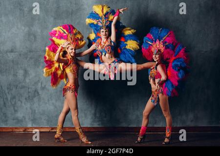 Premium Photo  Three woman in brazilian samba carnival costume with  colorful feathers plumage.