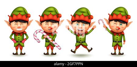 Elf christmas character vector set. Little boy 3d elves characters with smiling expression in jumping and holding candy cane gestures for xmas graphic. Stock Vector