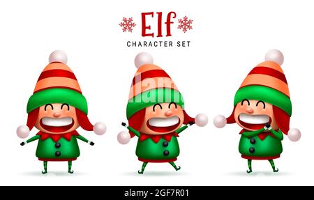 Elf christmas characters vector set. Cute elves character with happy, jolly and cheerful expression isolated in white background for xmas kids. Stock Vector