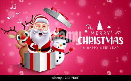 Christmas characters vector background design. Merry christmas and happy new year text with santa claus, reindeer and snowman singing carol in gift. Stock Vector