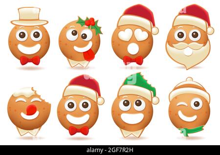 Gingerbread smiley christmas characters vector set. Christmas character gingerbread smileys like santa claus, snow man and elf cookie biscuit design. Stock Vector