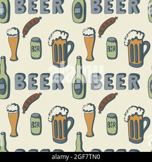 Oktoberfest beer pattern doodle drawings, beer glass sausage bottle jar, lettering BEER. Vector illustration Stock Vector