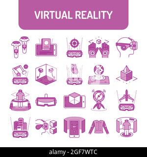 Virtual reality color line icons set. Digital technology. Pictogram for web page, mobile app, promo. UI UX GUI design element. Stock Vector