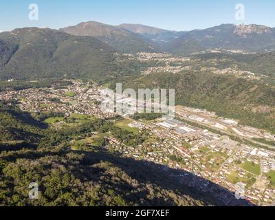 Drone view at Vedeggio valley near Lugano on the italian part of Switzerland Stock Photo