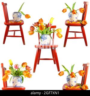 collection with five red chair with a bouquet of tulips, with orange, yellow tulips, and isolated on a white background Stock Photo