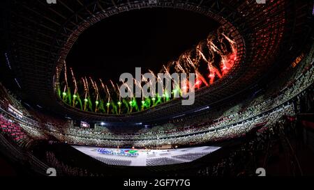 TOKYO, JAPAN. 24th Aug, 2021. The fireworks show during the 2020 Tokyo Paralympic Games Opening Ceremony at Olympic Stadium on Tuesday, August 24, 2021 in TOKYO, JAPAN. Credit: Taka G Wu/Alamy Live News