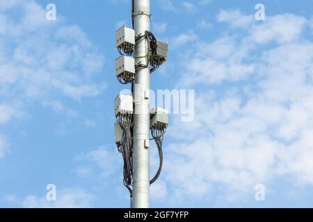 Cellular macro Base Transceiver Station. Telecommunication tower. Wireless Communication Antenna Transmitter. Transformers and Power Plants Distributo Stock Photo