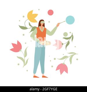 Person working with business data in virtual reality using VR headset. Modern woman in futuristic glasses. Colored flat cartoon vector illustration of Stock Vector