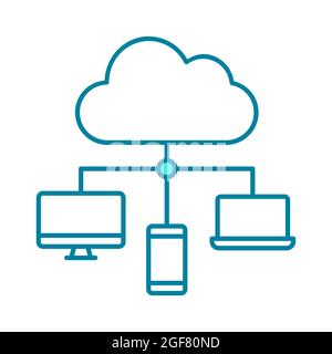 Cloud data synchronization line icon. Back up data concept. Computer, cell phone, laptop and cloud network. Information storage. Database connection Stock Vector