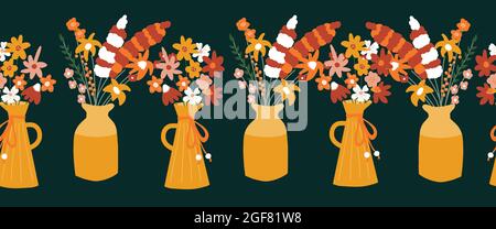 Autumn Flower vase seamless vector border. Repeating horizontal pattern with colorful fall flowers. Use for autumn decor, Thanksgiving, greeting cards Stock Vector