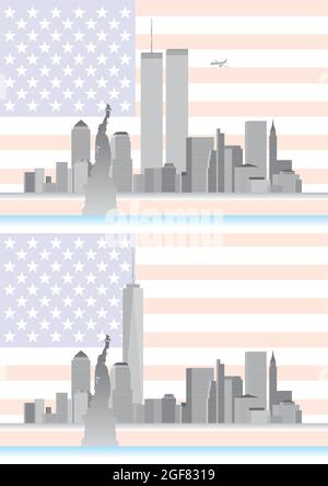 WTC, old and new World Trade Center, New York, United States of America, skyline before and after 9/11, vector illustration Stock Vector