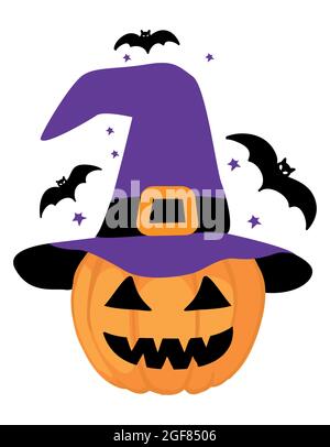 Little Pumpkin with witch hat - Hand drawn pumpkin with Halloween bats. Autumn color poster. Good for poster, greeting cards, banner, textile, gift, s Stock Vector