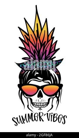 Summer vibes - Skull head with pineapple bun. Beautiful woman skull with aviator sunglasses and cheetah print bandana. Mom skull with messy bun, getti Stock Vector