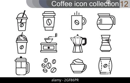 Coffee icon set in thin line style. Cafe and restaurant corporate identity design elements. Coffee maker or coffee shop vector pictograms. Hot drinks Stock Vector