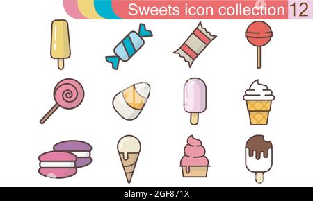 Sweets icon set. Flat style set of 12 sweet vector icons for web isolated on white background Stock Vector