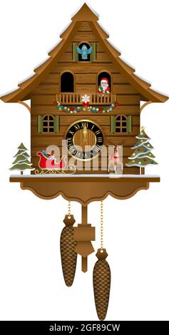 Wooden christmas cuckoo clock with decorations Stock Vector