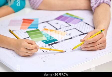 close up of architects team working with blueprint Stock Photo