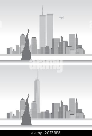 Old and new World Trade Center, New York, United States of America, skyline before and after 9/11, vector illustration Stock Vector