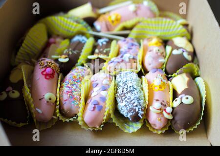 halves bananas in chocolate decorated Stock Photo