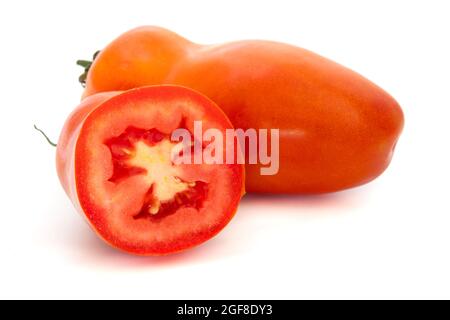 Oblong red tomato (Solanum lycopersicum) on a white background Stock Photo