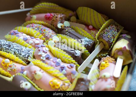 halves bananas in chocolate decorated Stock Photo