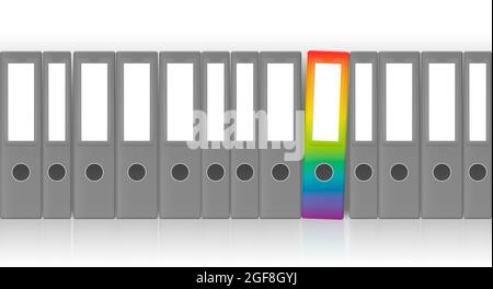 Ring binders, gray unlabeled set with one outstanding rainbow colored leaf binder for happy office work - illustration on white background. Stock Photo