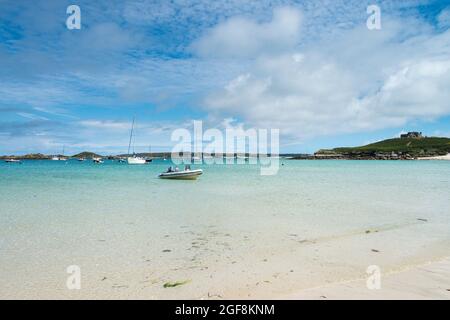 Boats anchored in Old Grimsby Harbour, Tresco, Isles of Scilly Stock Photo