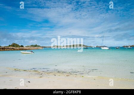 Boats anchored in Old Grimsby Harbour, Tresco, Isles of Scilly Stock Photo