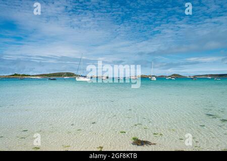 Boats anchored in Old Grimsby Harbour, Tresco, Isles of Scilly Stock Photo