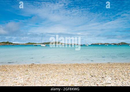 Boats anchored in Old Grimsby Harbour, Tresco, Isles of Scilly Stock Photo