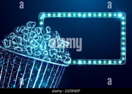 Pop corn wireframe and light billboard. Movie night poster template with glowing low poly tasty snack. Futuristic modern abstract. Isolated on dark ba Stock Vector