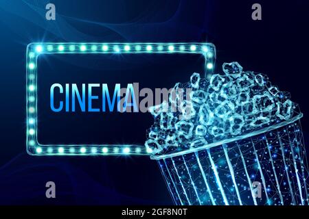 Pop corn wireframe and light billboard. Movie night poster template with glowing low poly tasty snack. Futuristic modern abstract. Isolated on dark ba Stock Vector