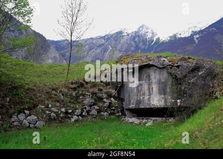 Slovenia. Tolminka valley. Bunker of the  Alpine wall. It was an Italian system of fortifications along the 1851 km of the Italian northern frontier, built in the years preceding WWII from the dictator Benito Mussolini. Stock Photo