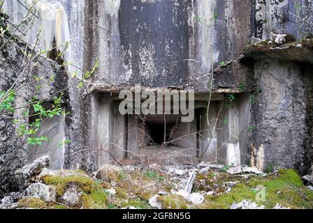 Slovenia. Tolminka valley. Bunker of the  Alpine wall. It was an Italian system of fortifications along the 1851 km of the Italian northern frontier, built in the years preceding WWII from the dictator Benito Mussolini. Stock Photo