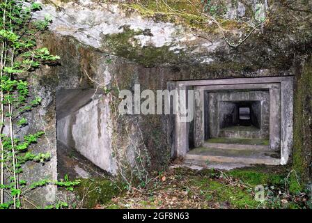 Slovenia. Tolminka valley. Bunker of the  Alpine wall. It was an Italian system of fortifications along the 1851 km of the Italian northern frontier, built in the years preceding WWII from the dictator Benito Mussolini. Stock Photo