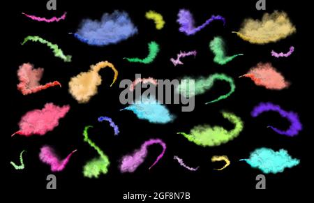 Smoke bomb set isolated. Explosion of colored smoke grenade set isolated on black. Colorful smoke bomb isolated. Stock Photo