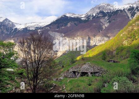 Slovenia. Tolminka valley. Bunker of the  Alpine wall. It was an Italian system of fortifications along the 1851 km of the Italian northern frontier, built in the years preceding WWII from the dictator Benito Mussolini. Stock Photo