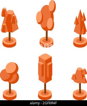 collection autumn orange isometric trees set Stock Vector