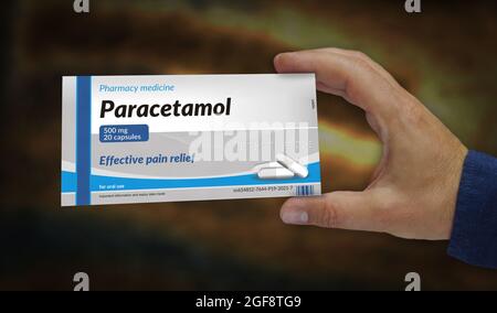 Paracetamol tablets box in hand. Emergency painkiller, headache analgesic and help medical pills pack factory. Abstract concept 3d rendering illustrat Stock Photo