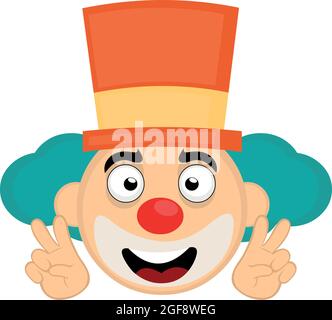 Vector illustration of emoticon of the face of a cartoon clown with a hat making with his hands the symbol of love and peace or victory Stock Vector