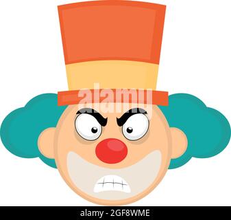 Vector emoticon illustration of a cartoon clown's face with an angry expression Stock Vector