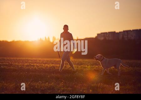 Man with dog at beautiful sunset. Silhouette of pet owner with labrador retriver during walk on field.