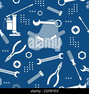 Vector seamless pattern Illustration Construction tools. Repair background. Pliers for gripping and manipulating, wrench, screwdriver, bolt, washer, n Stock Vector