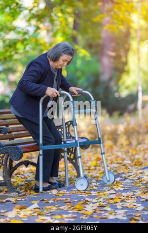 Woman with walker walking in autumn park Stock Photo