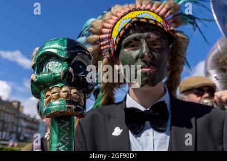 Morris dancers preparing to perform at the Broadstairs Folk Week, August 2021 Stock Photo