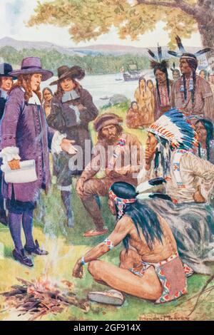 Early American settlers discussing the purchase of land with native Americans in the late 17th century. Stock Photo