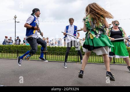 Trinity Morris clog dancers performing in Victoria Gardens during Broadstairs Folk Week, August 2021 Stock Photo